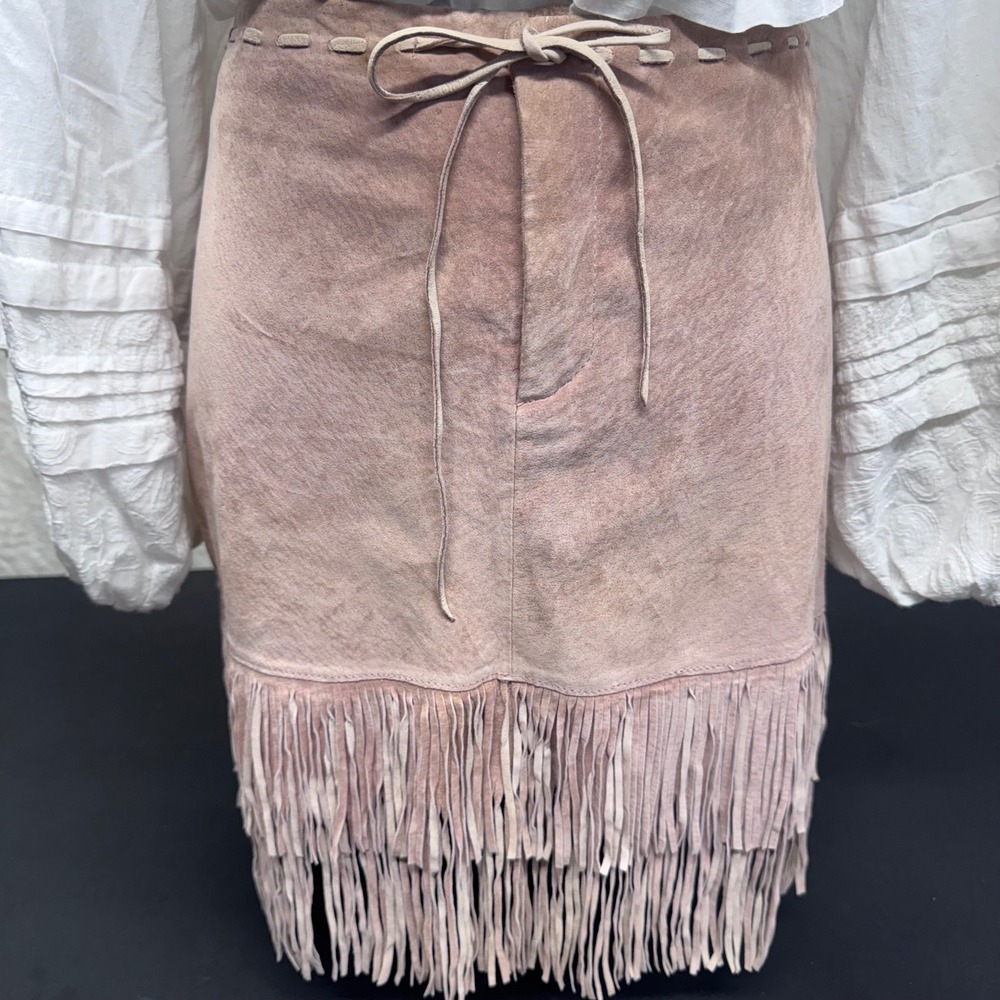 Vintage Suede Fringe Mini Skirt Pink Western Boho Whipstitch Lace Up Skirt